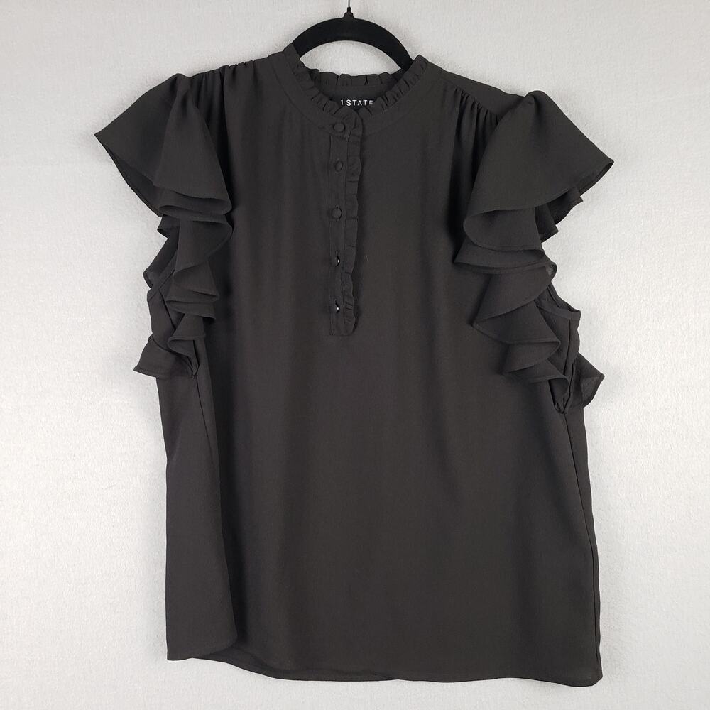 1. State Women's Size M Ruffled Sleeve Popover Blouse Black Office Siren Capsule